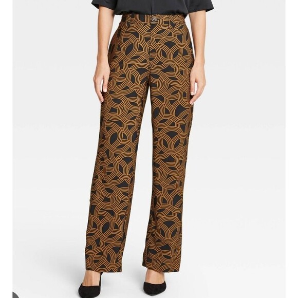 Who What Wear Black Gold Print Palazzo Pants Women’s Size 10 Wide Leg Flowy Boho - Picture 1 of 8